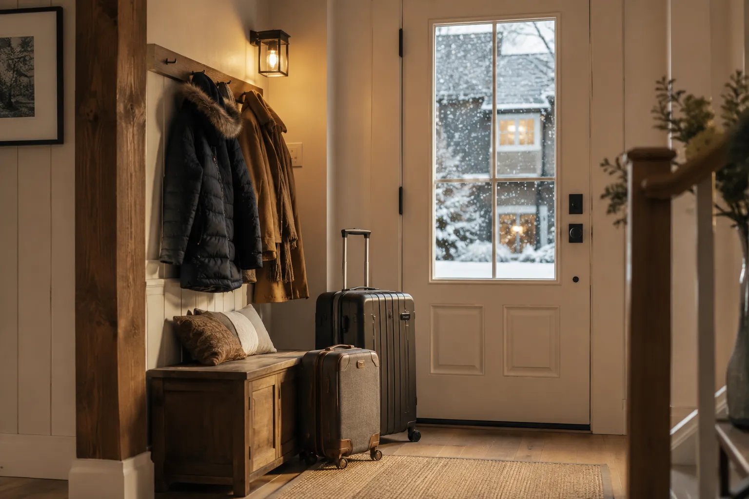 Valises et manteaux d'hiver dans une entrée chaleureuse, première neige dehors