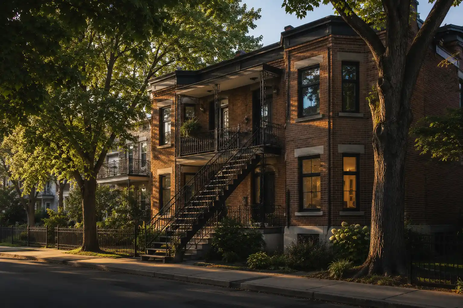 Duplex québécois typique avec escalier extérieur en fer forgé, en fin de journée d'été