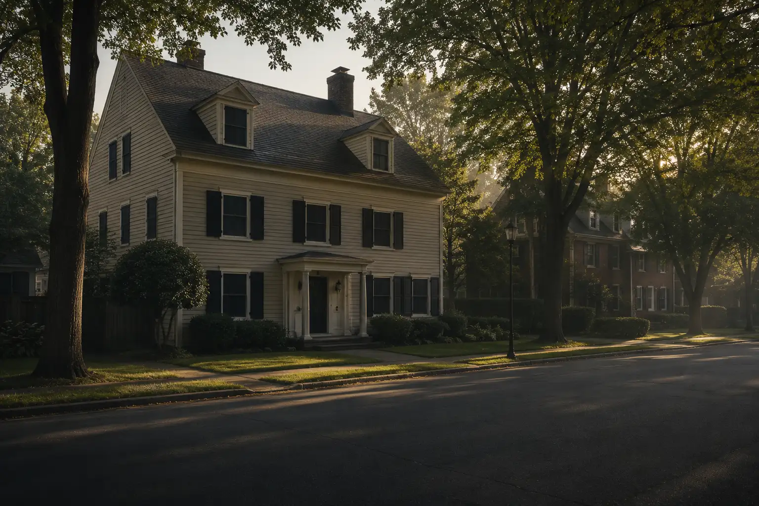 Belle maison aux rideaux tirés dans une rue déserte au petit matin