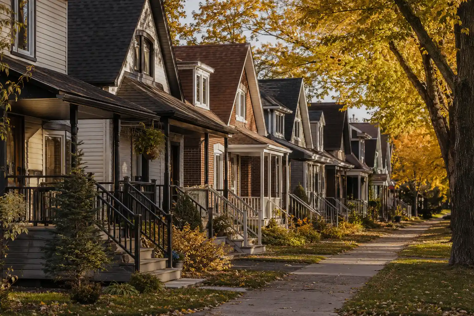 Rue résidentielle québécoise à l'automne, maisons semblables mais différentes