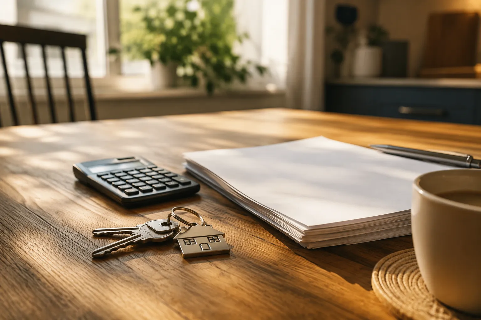 Clés, calculatrice et documents sur une table de cuisine au matin