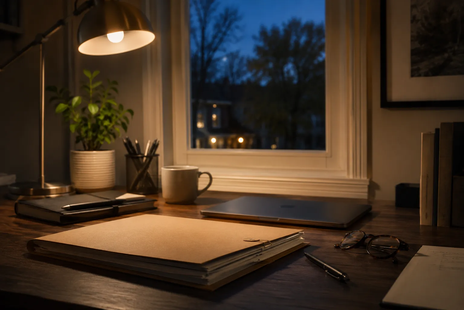 Bureau à domicile le soir, dossier de documents prêt sous la lampe