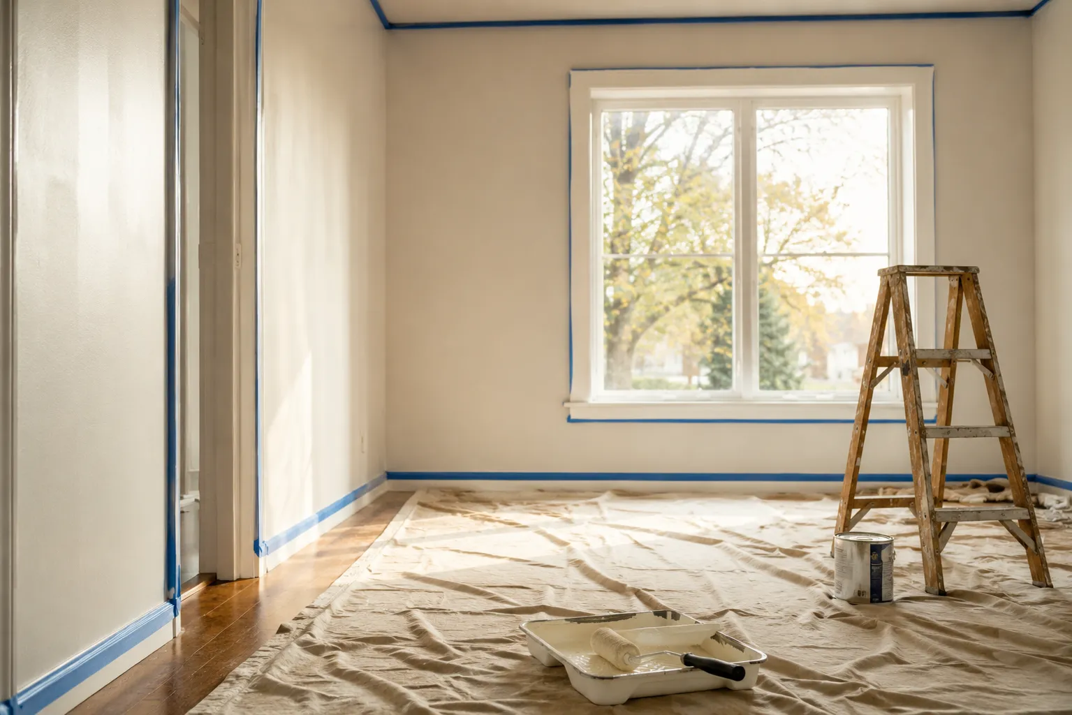 Pièce en cours de rénovation, peinture fraîche et échelle sous la lumière du jour