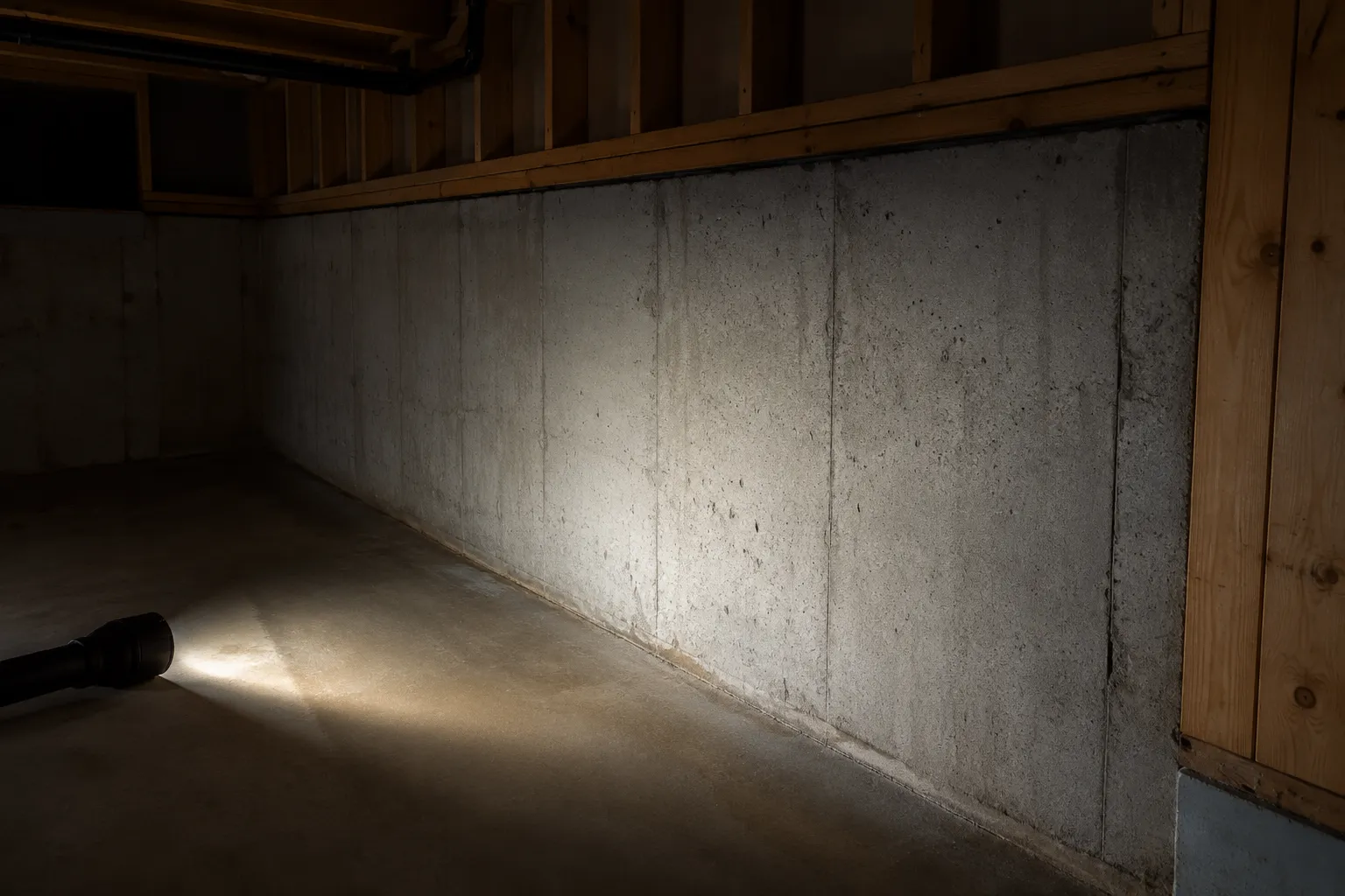 Faisceau de lampe inspectant un mur de fondation au sous-sol